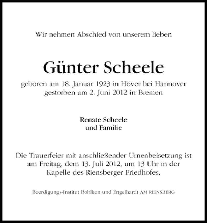 Traueranzeige von Günter Scheele von WESER-KURIER