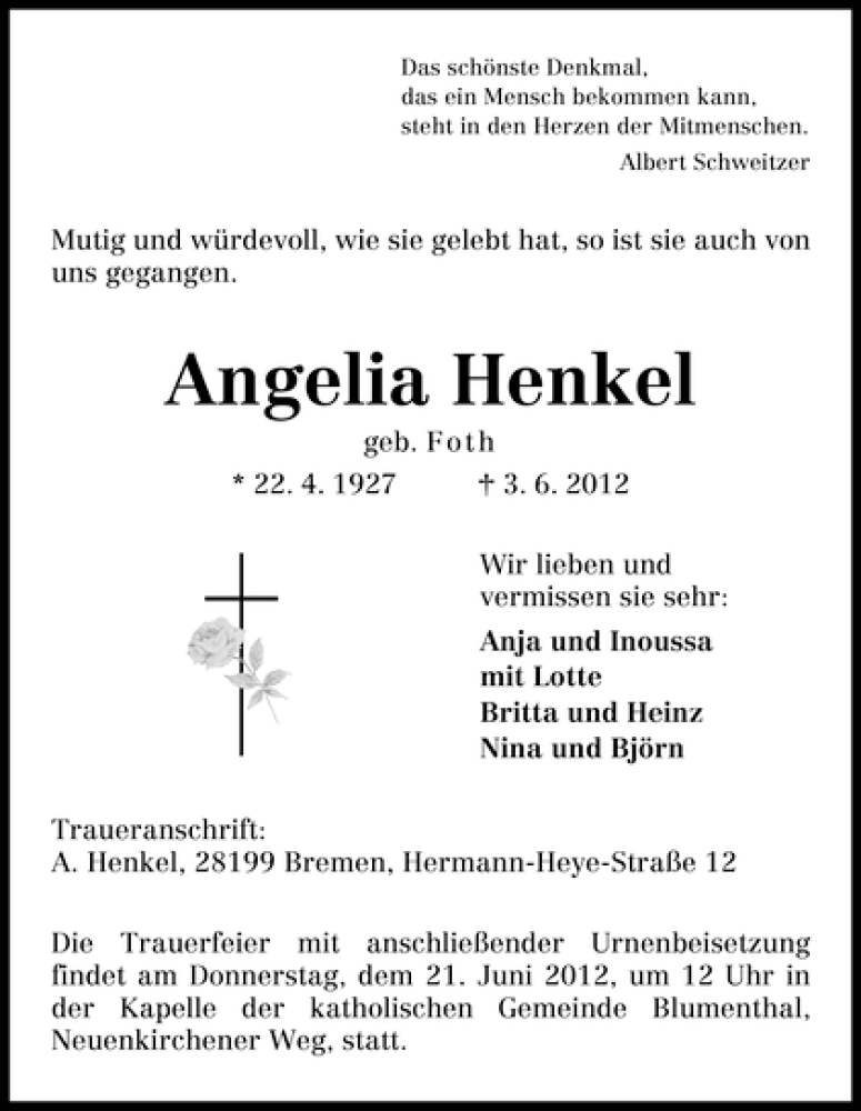 Traueranzeige von Angelia Henkel von WESER-KURIER