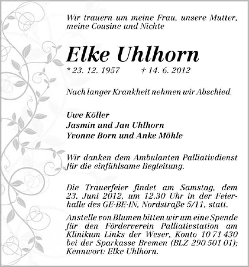 Traueranzeige von Elke Uhlhorn von WESER-KURIER