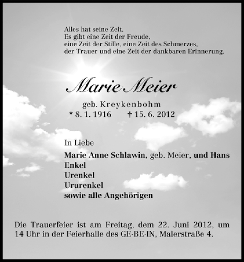 Traueranzeige von Marie Meier von WESER-KURIER