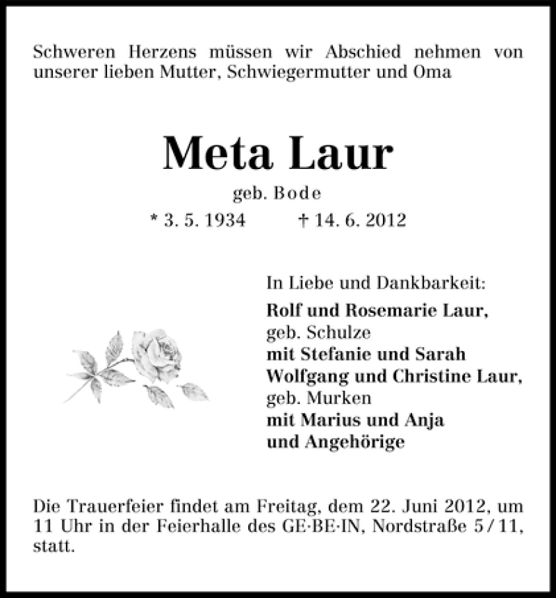Traueranzeige von Meta Laur von WESER-KURIER