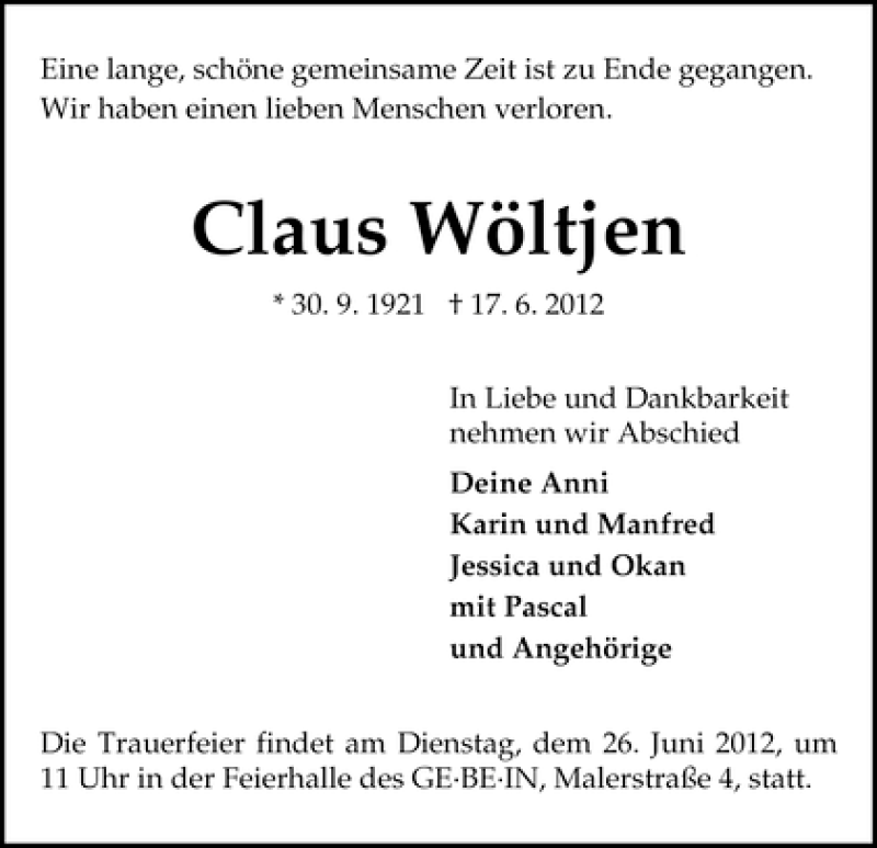 Traueranzeige von Claus Wöltjen von WESER-KURIER