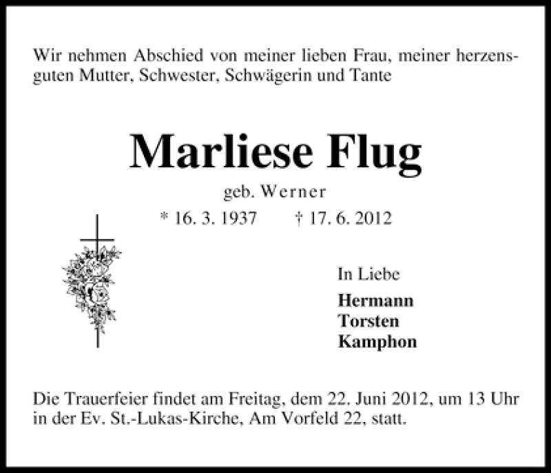Traueranzeige von Marliese Flug von WESER-KURIER