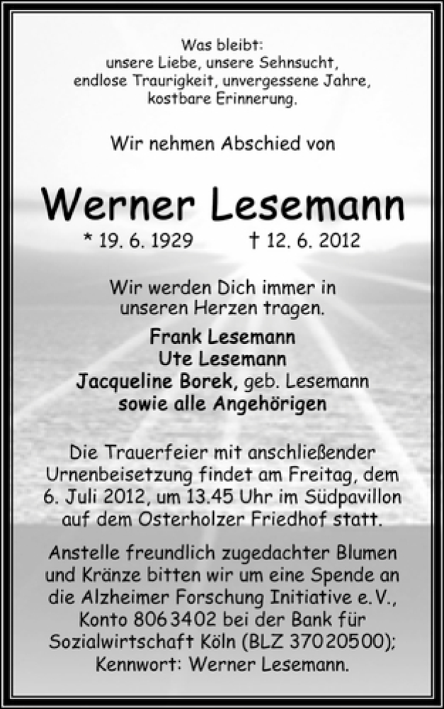 Traueranzeige von Werner Lesemann von WESER-KURIER