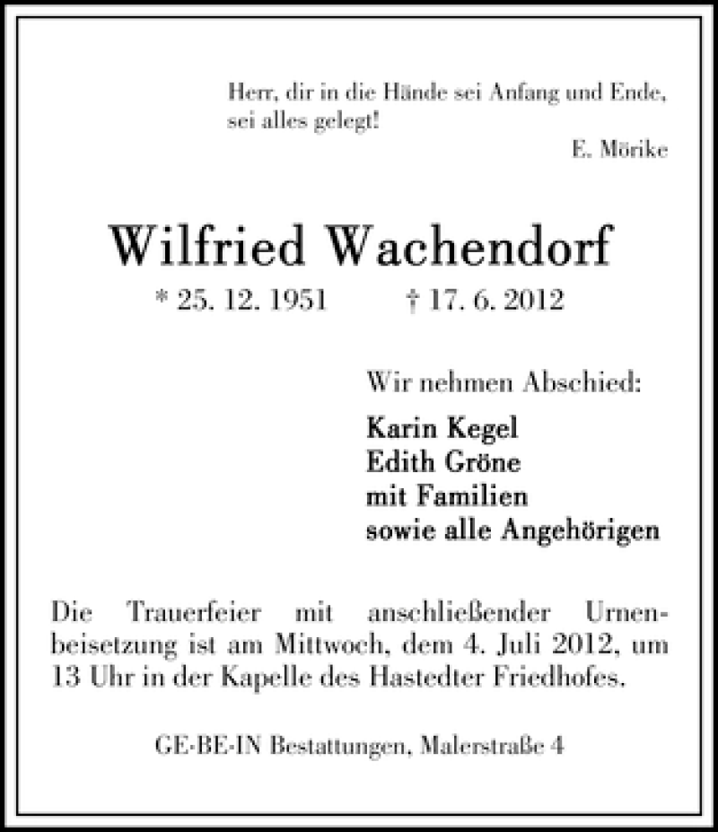 Traueranzeige von Wilfried Wachendorf von WESER-KURIER