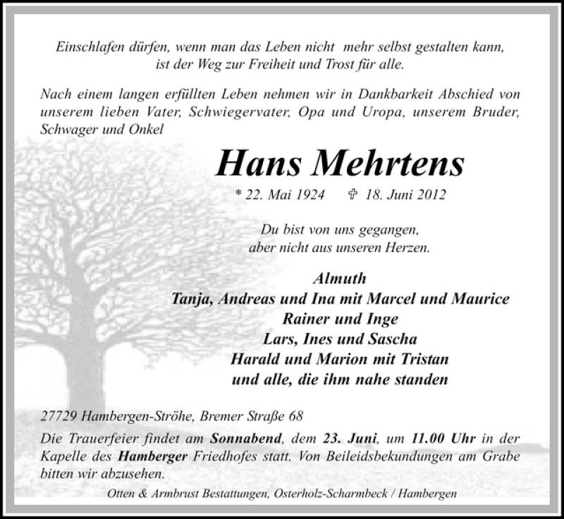 Traueranzeige von Hans Mehrtens von WESER-KURIER