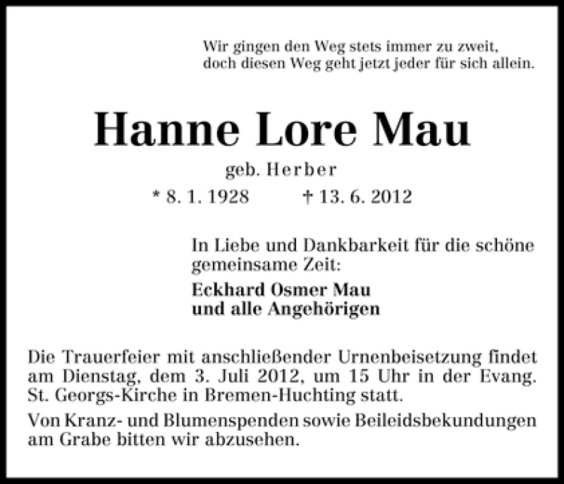 Traueranzeige von Hanne Lore Mau von WESER-KURIER