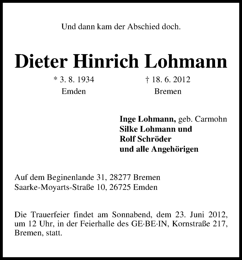 Traueranzeige von Dieter Hinrich Lohmann von WESER-KURIER