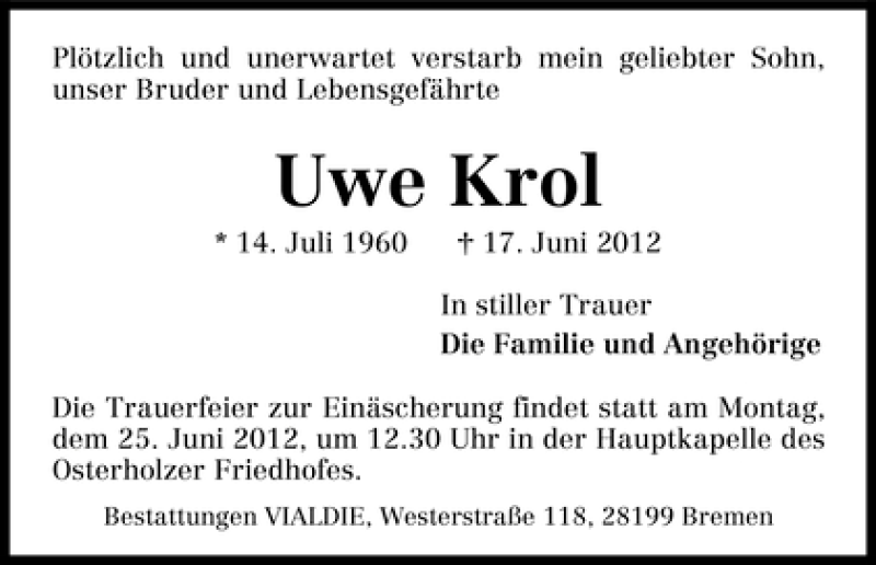 Traueranzeige von Uwe Krol von WESER-KURIER