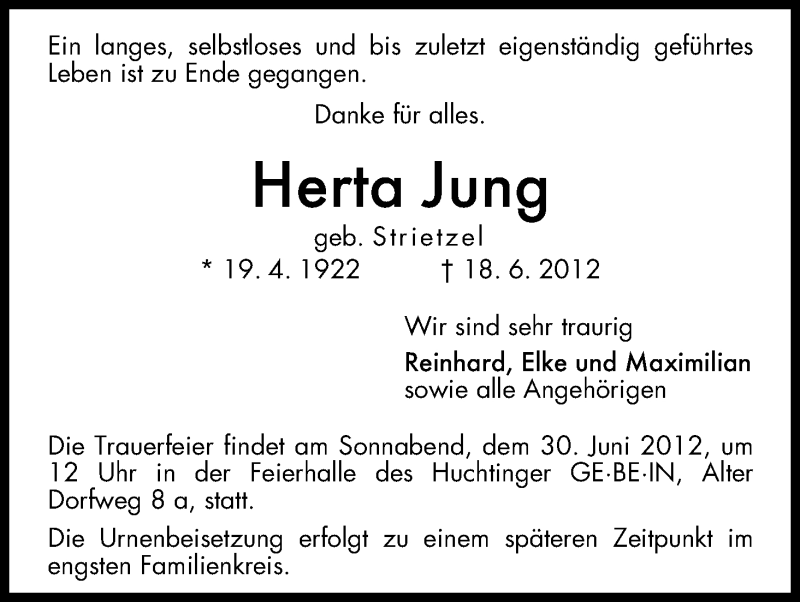 Traueranzeige von Herta Jung von WESER-KURIER