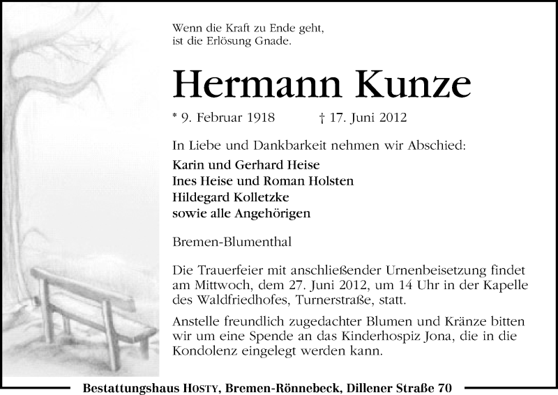 Traueranzeige von Hermann Kunze von WESER-KURIER