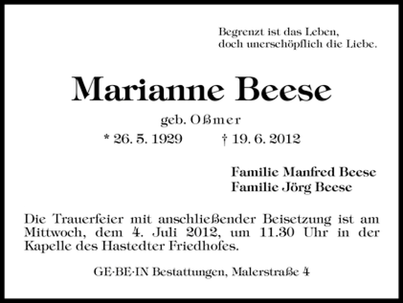 Traueranzeige von Marianne Beese von WESER-KURIER