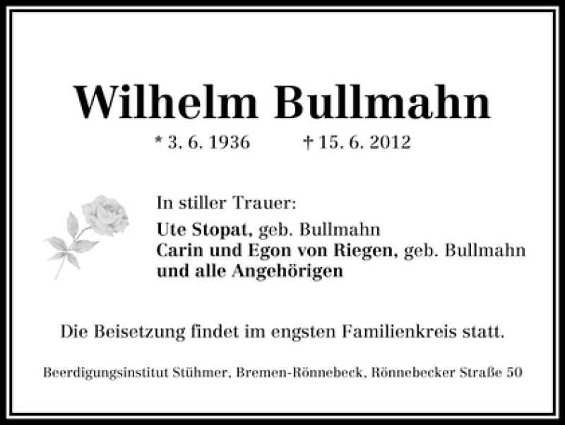 Traueranzeige von Wilhelm Bullmahn von WESER-KURIER