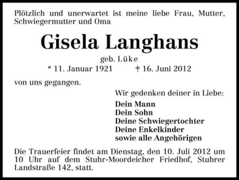Traueranzeige von Gisela Langhans von WESER-KURIER