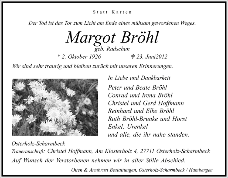 Traueranzeige von Margot Bröhl von WESER-KURIER