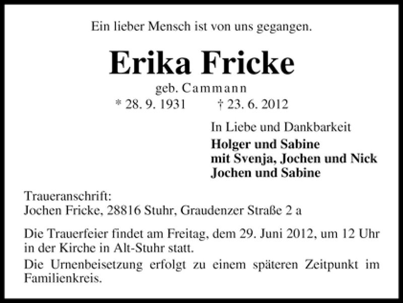 Traueranzeige von Erika Fricke von WESER-KURIER