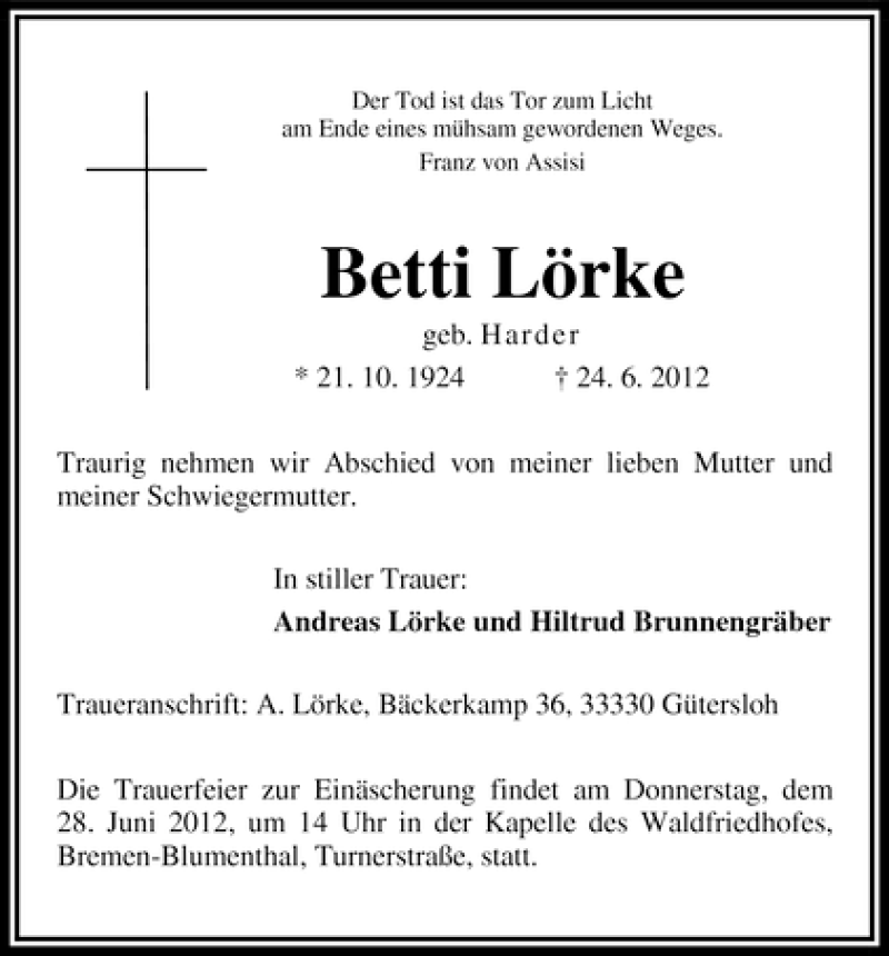 Traueranzeige von Betti Lörke von WESER-KURIER