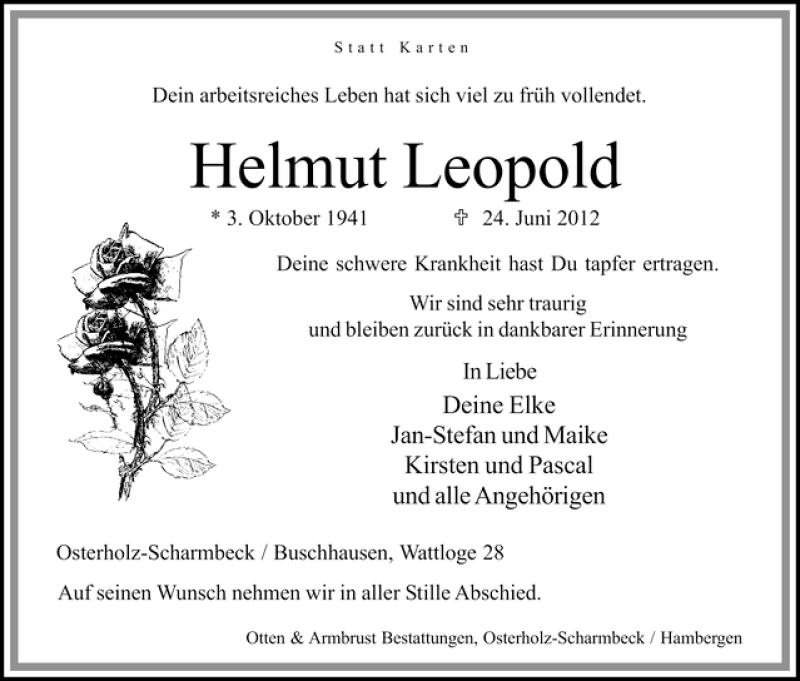 Traueranzeige von Helmut Leopold von WESER-KURIER