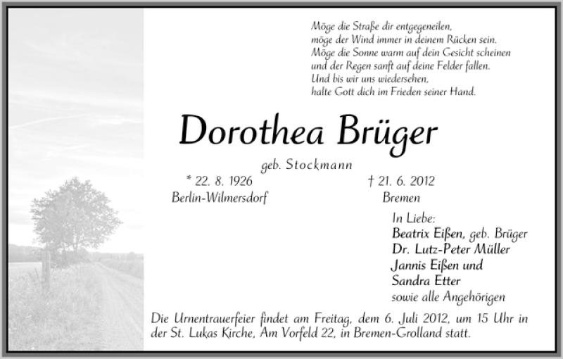 Traueranzeige von Dorothea Brüger von WESER-KURIER