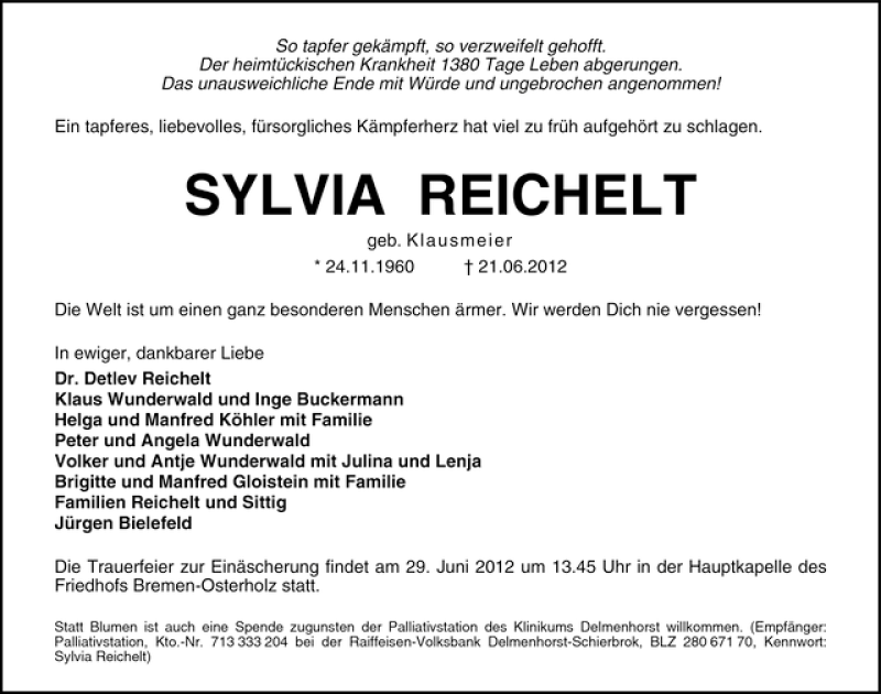 Traueranzeige von Sylvia Reichelt von WESER-KURIER