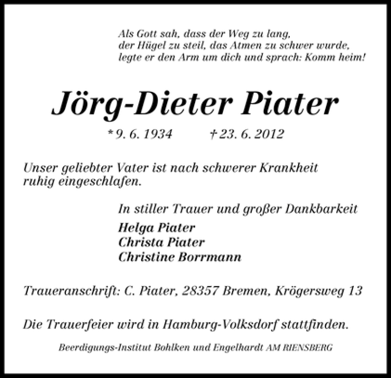Traueranzeige von Jörg-Dieter Piater von WESER-KURIER