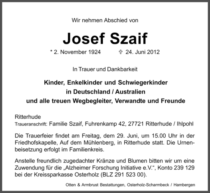 Traueranzeige von Josef Szaif von WESER-KURIER