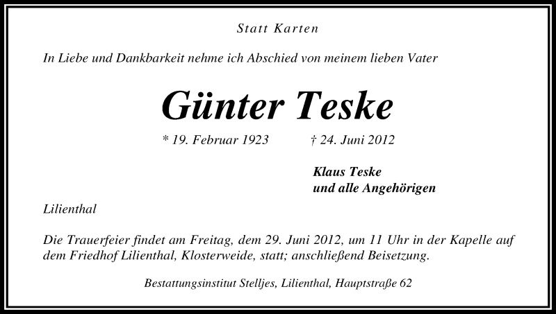 Traueranzeige von Günter Teske von WESER-KURIER