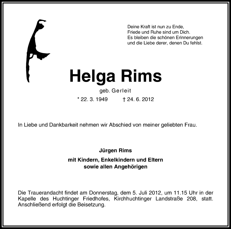 Traueranzeige von Helga Rims von WESER-KURIER