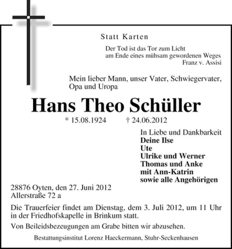 Traueranzeige von Hans Theo Schüller von WESER-KURIER