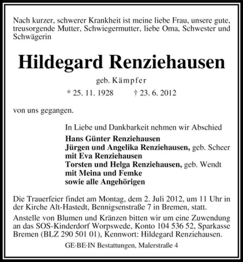Traueranzeige von Hildegard Renziehausen von WESER-KURIER