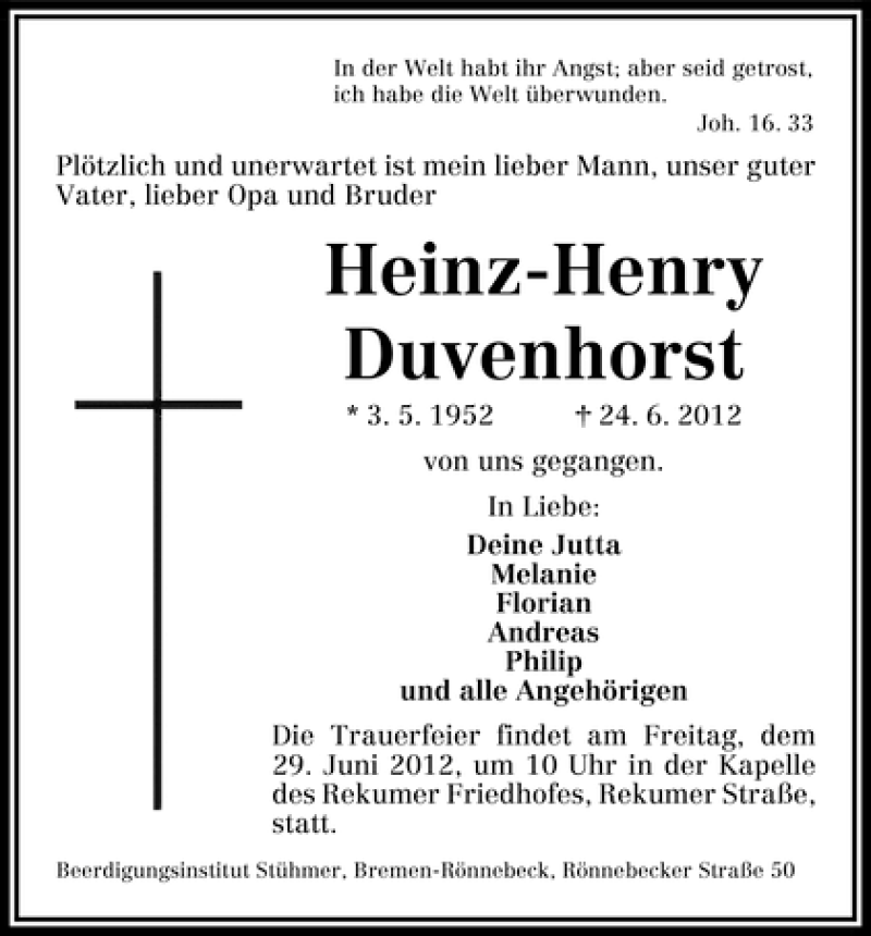 Traueranzeige von Heinz-Henry Duvenhorst von WESER-KURIER