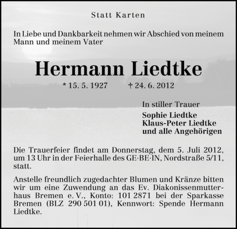 Traueranzeige von Hermann Liedtke von WESER-KURIER
