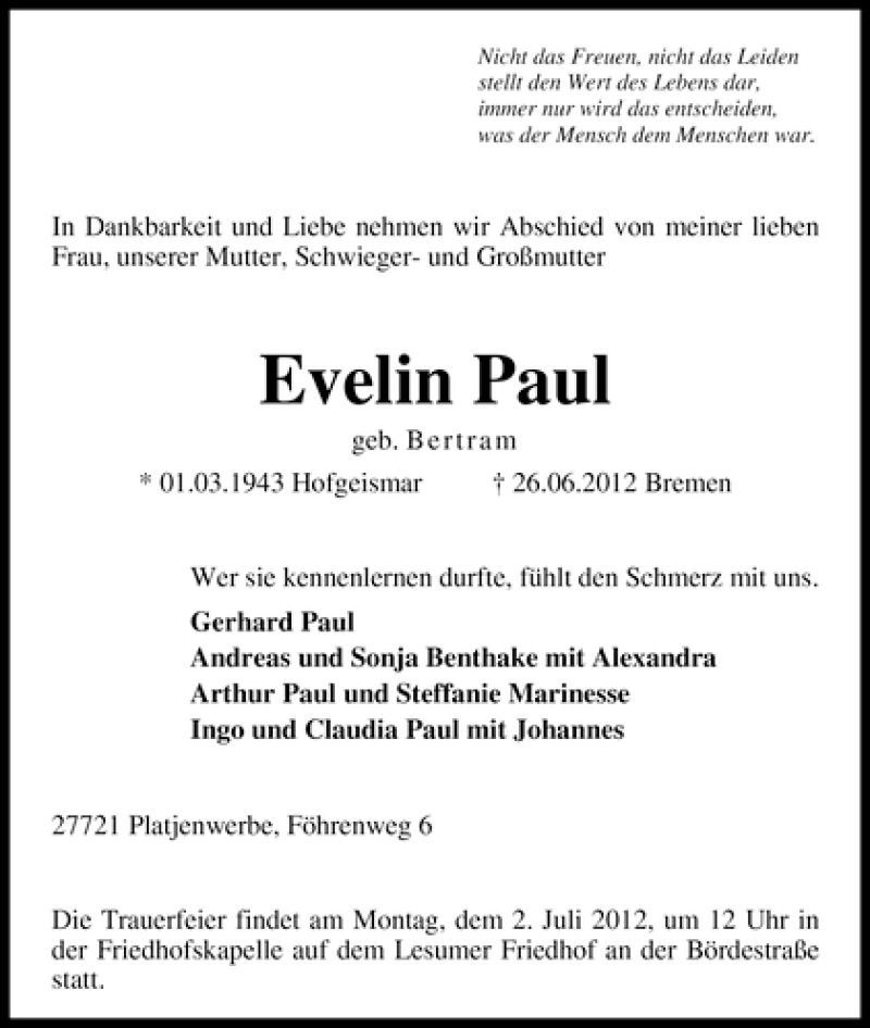 Traueranzeige von Evelin Paul von WESER-KURIER
