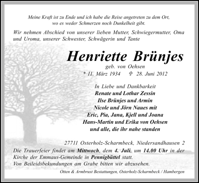 Traueranzeige von Henriette Brünjes von WESER-KURIER