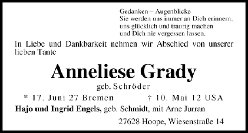 Traueranzeige von Anneliese Grady von WESER-KURIER