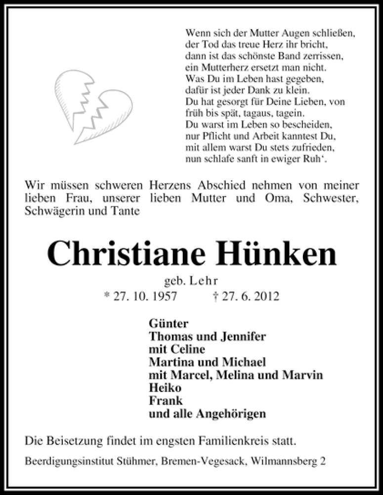 Traueranzeige von Christiane Hünken von WESER-KURIER