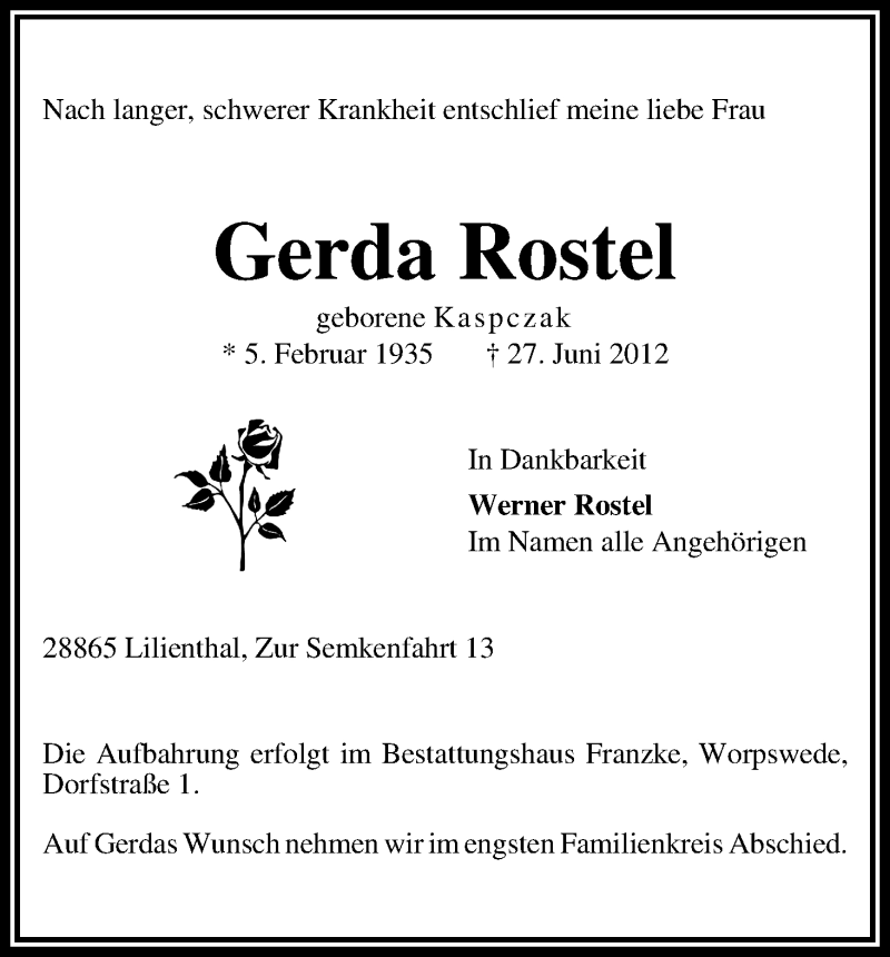 Traueranzeige von Gerda Rostel von WESER-KURIER