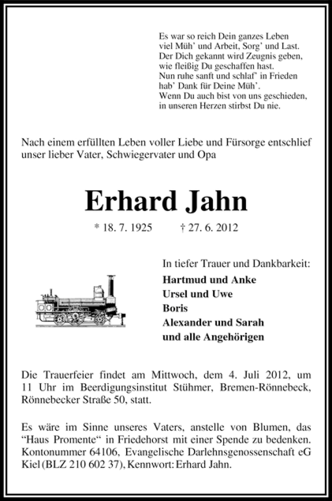 Traueranzeige von Erhard Jahn von WESER-KURIER
