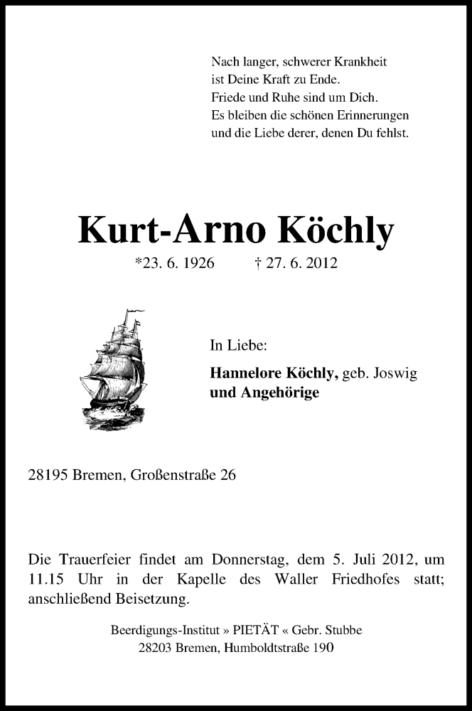 Traueranzeige von Kurt-Arno Köchly von WESER-KURIER