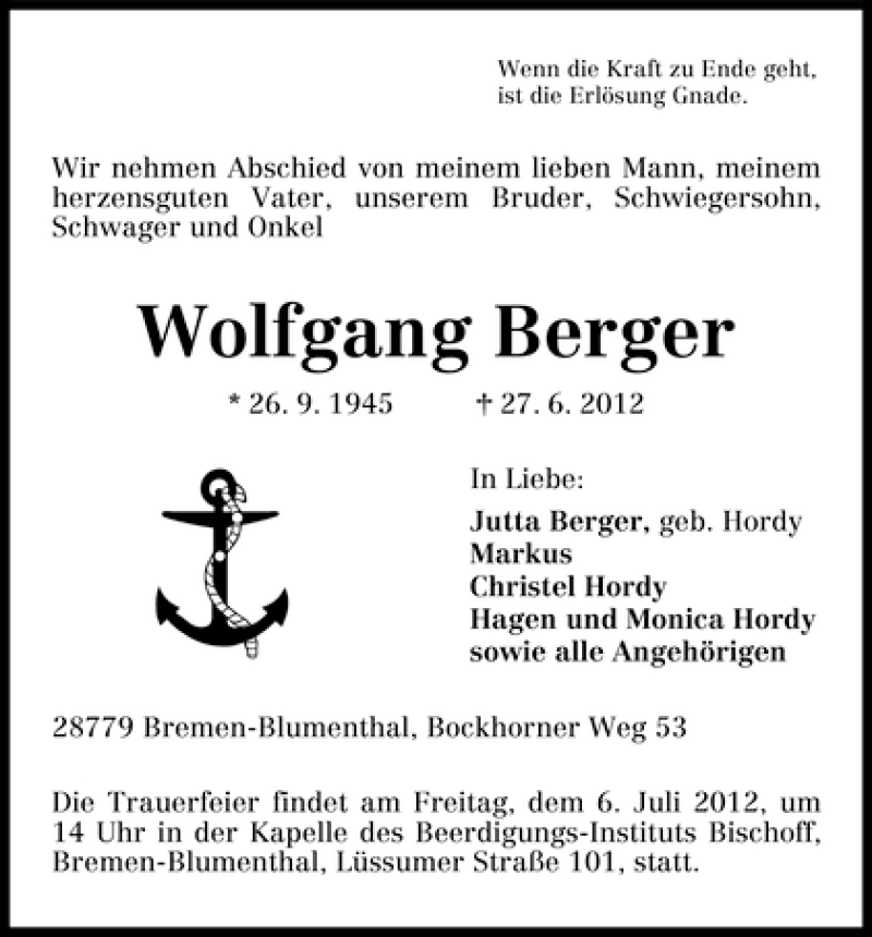 Traueranzeige von Wolfgang Berger von WESER-KURIER