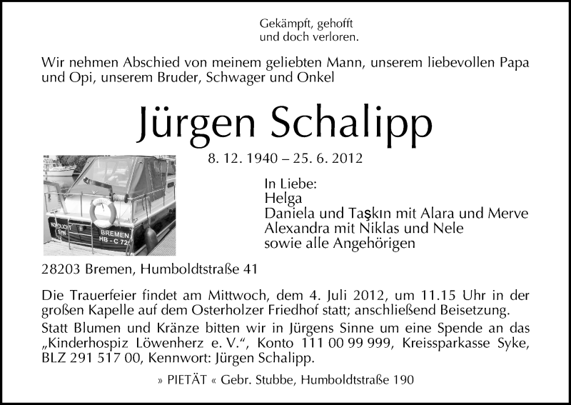 Traueranzeige von Jürgen Schalipp von WESER-KURIER