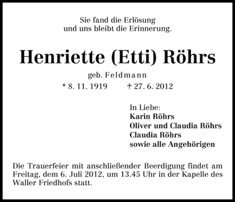 Traueranzeige von Henriette Röhrs von WESER-KURIER