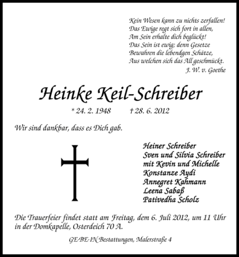 Traueranzeige von Heinke Keil-Schreiber von WESER-KURIER
