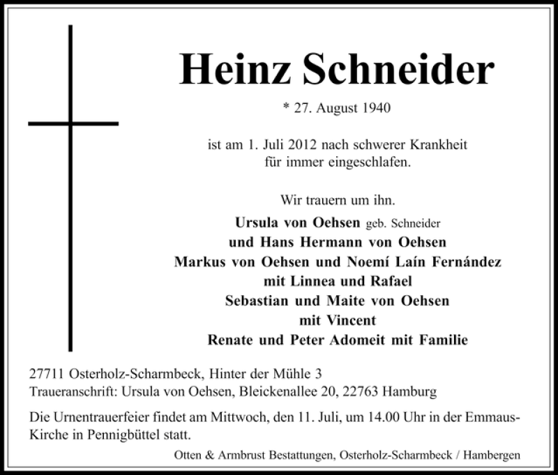 Traueranzeige von Heinz Schneider von WESER-KURIER