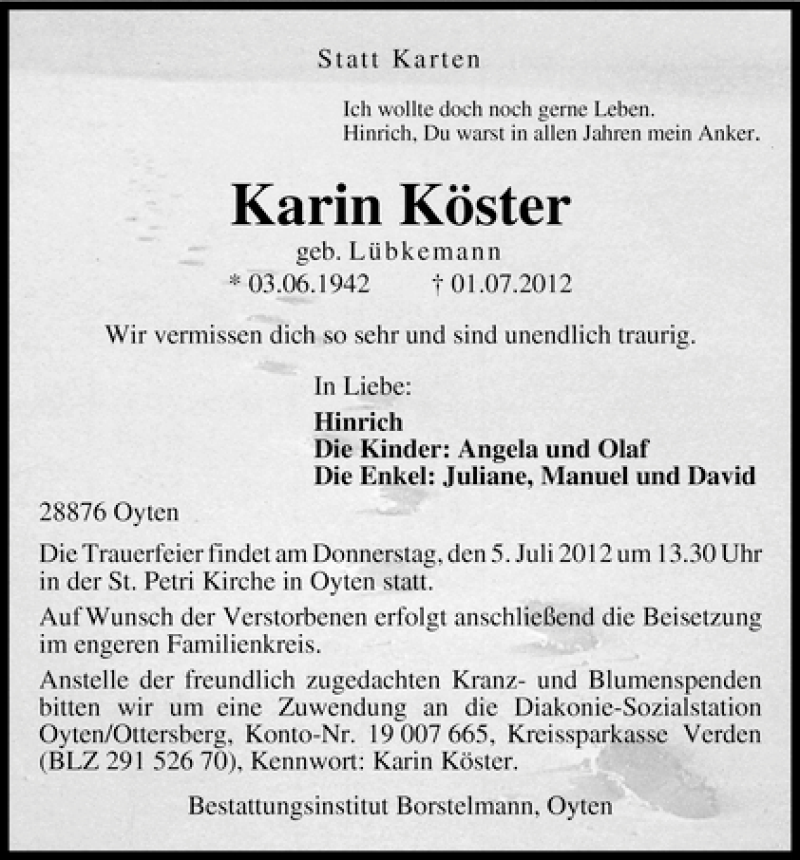 Traueranzeige von Karin Köster von WESER-KURIER