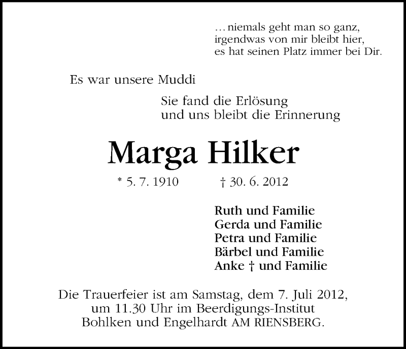 Traueranzeige von Marga Hilker von WESER-KURIER