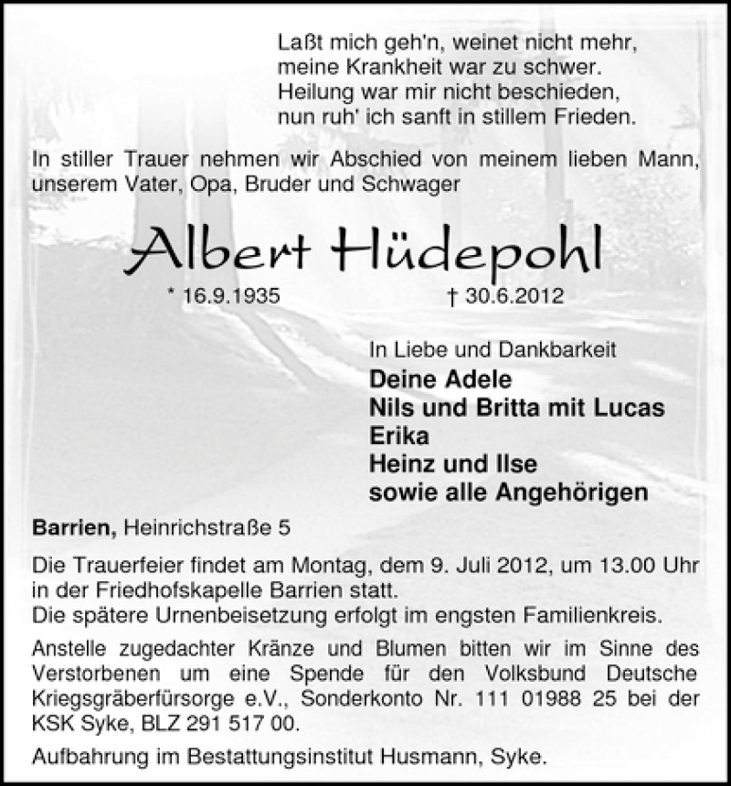 Traueranzeige von Albert Hüdepohl von WESER-KURIER