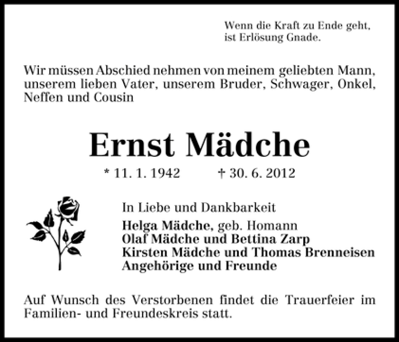 Traueranzeige von Ernst Mädche von WESER-KURIER
