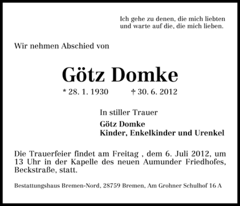 Traueranzeige von Götz Domke von WESER-KURIER