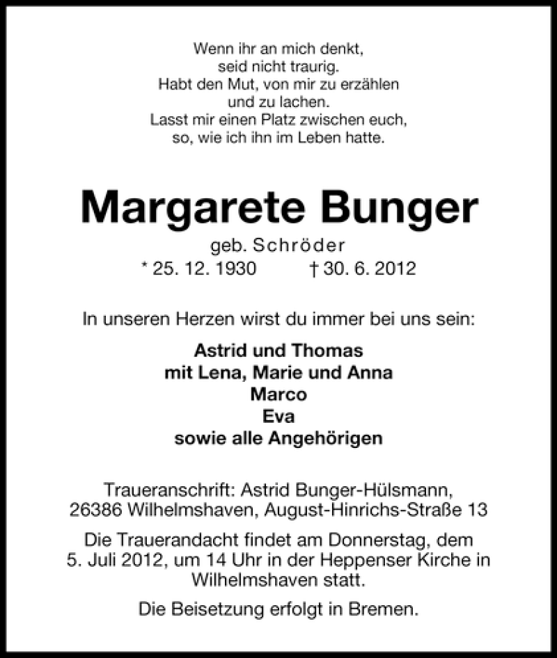 Traueranzeige von Margarete Bunger von WESER-KURIER